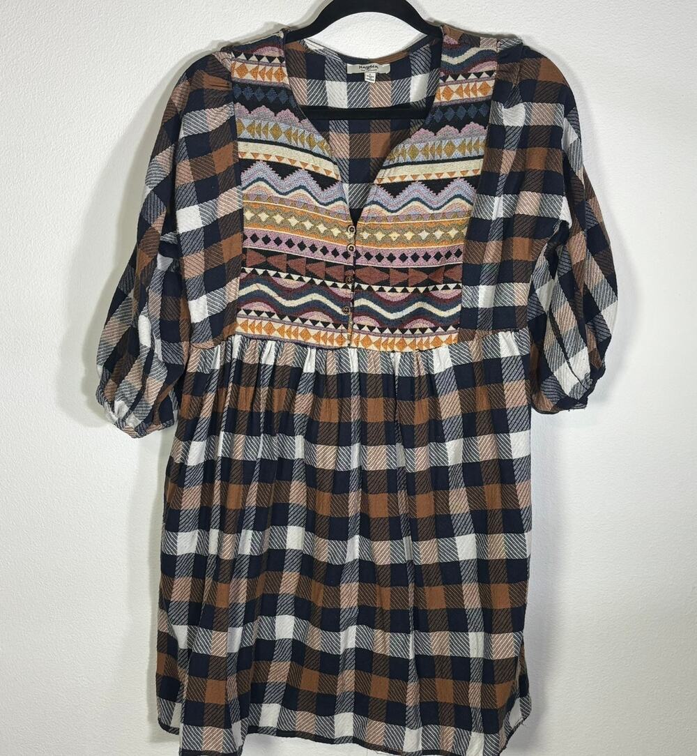Hayden Los Angeles Plaid Embroidered Yoke Babydoll Dress Women S  Brown Navy